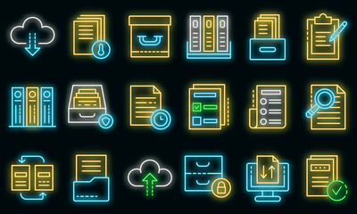 Poster - Archive icons set. Outline set of archive vector icons neon color on black