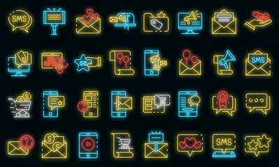 Poster - sms marketing icons set. outline set of sms marketing vector icons neon color on black