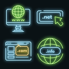 Poster - Domain icons set. Outline set of domain vector icons neon color on black