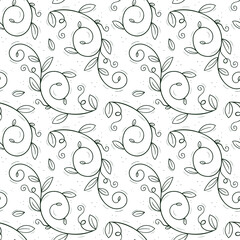 Seamless repeating pattern of a climbing plant such as peas or creepers with tendrils and leaves.Contour dark green objects on a white.