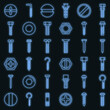 Screw-bolt icons set. Outline set of screw-bolt vector icons neon color on black