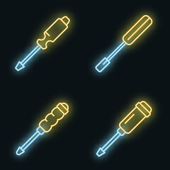 Poster - Screwdriver icons set. Outline set of screwdriver vector icons neon color on black
