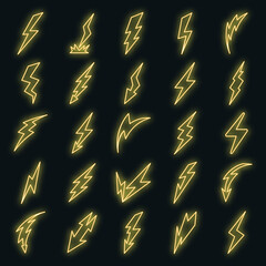 Poster - Lightning bolt icons set. Outline set of lightning bolt vector icons neon color on black