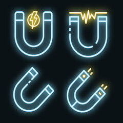 Poster - magnet icons set. outline set of magnet vector icons neon color on black