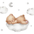 Cute little bear sleeping on the cloud; watercolor hand drawn illustration; can be used for baby shower or kid posters; with white isolated background