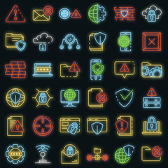 Poster - Firewall icons set. Outline set of firewall vector icons neon color on black