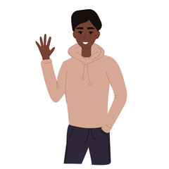 Fashionable black man waving hand. Young fashionable guy in hoodie and trousers. Modern trendy hipster look. Flat cartoon vector illustration.