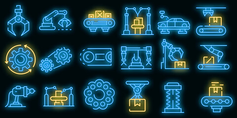 Poster - Assembly line icons set. Outline set of assembly line vector icons neon color on black
