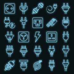 Poster - Plug wire icons set. Outline set of plug wire vector icons neon color on black