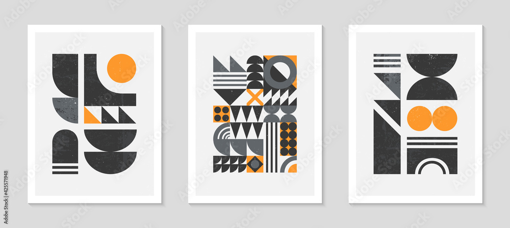 Set of abstract bauhaus geometric pattern backgrounds.Trendy minimalist geometric design with simple shapes and elements.Mid century modern artistic vector illustrations.Scandinavian ornament. - obrazy, fototapety, plakaty 