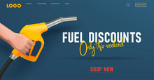 Fueling Gasoline Web Banner With Yellow Realistic Device For Filling The Car With Petrol 3d Illustration Of Fuel Nozzle Gun, Landing Page Template On Blue Background