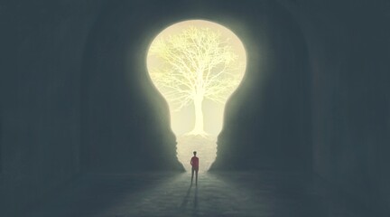 Lightbulb with the tree idea concept art, 3d illustration, surreal artwork, imagination painting, conceptual 