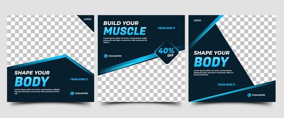 Gym and Sports Social media post template. Black background with abstract blue shape. Editable vector design with place for the photo. Perfect for social media, flyers, banner, and websites.