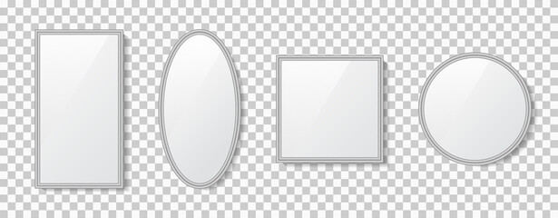 Poster - Mirror with frame. Surface of glass with reflection. Mockup of round, oval and rectangle mirror with shadow, reflect. Silver texture isolated on transparent background. Decoration of interior. Vector