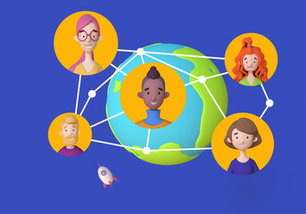 Intercultural communication, interethnic relations, politics of difference. Global world communication network around planet Earth, Trendy 3d illustration.