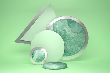 Poster - 3D green pedestal podium set against pastel background. Geometric shape, marble display showcase for beauty cosmetics products.