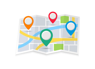 Poster - Four color location pointers on the map in flat style. Navigation symbol for website design, mobile app. Modern pin pointer layout road map. GPS navigation systems. Vector illustration. EPS 10