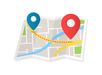 We have moved. Two color location pointers on the map in flat style. Navigation symbol for website design, mobile app. Route has been laid from point A to point B. GPS navigation systems. Vector