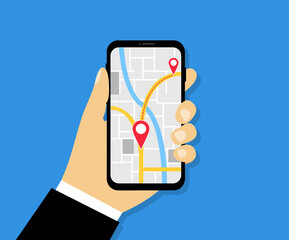 Poster - male hand holding phone with map and pointer. navigation app with map and location pin. mobile gps n