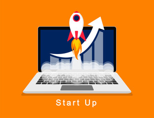Aufkleber - Business startup concept. Vector illustration for presentation, websites and web banners. The rocket takes off from the laptop. Modern style. EPS 10.