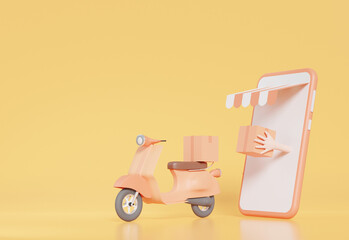 Poster - Online delivery fast speed concept motorcycle scooter home and office shipping. Hand holding box from smartphone. service express trunking on soft orange pastel background. 3D rendering