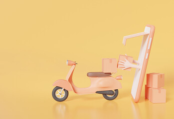 Poster -  3D illustration delivery fast service concept motorcycle scooter home and office shipping. Hand holding box from smartphone. service express trunking on soft orange pastel background. rendering