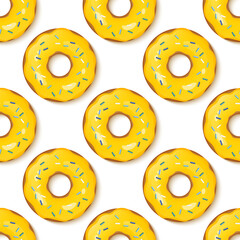 Donuts with yellow icing and multicolored powder on a color background. 3d realistic food seamless pattern. Template modern design for invitation, card, fabric, textile. Realistic vector illustration