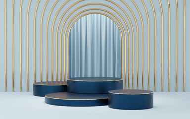 Wall Mural - 4 Empty blue cylinder podium with gold border on blue arch and curtain background. Abstract minimal studio 3d geometric shape object. Mockup space for display of product design. 3d rendering.