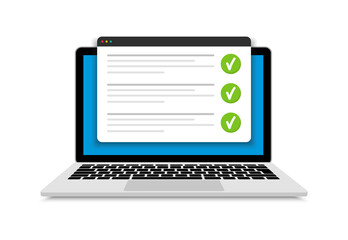 Online exam on screen laptop. Checklist, online surveys, questionnaire and online testing. Education concept with notebook. Vector illustration.