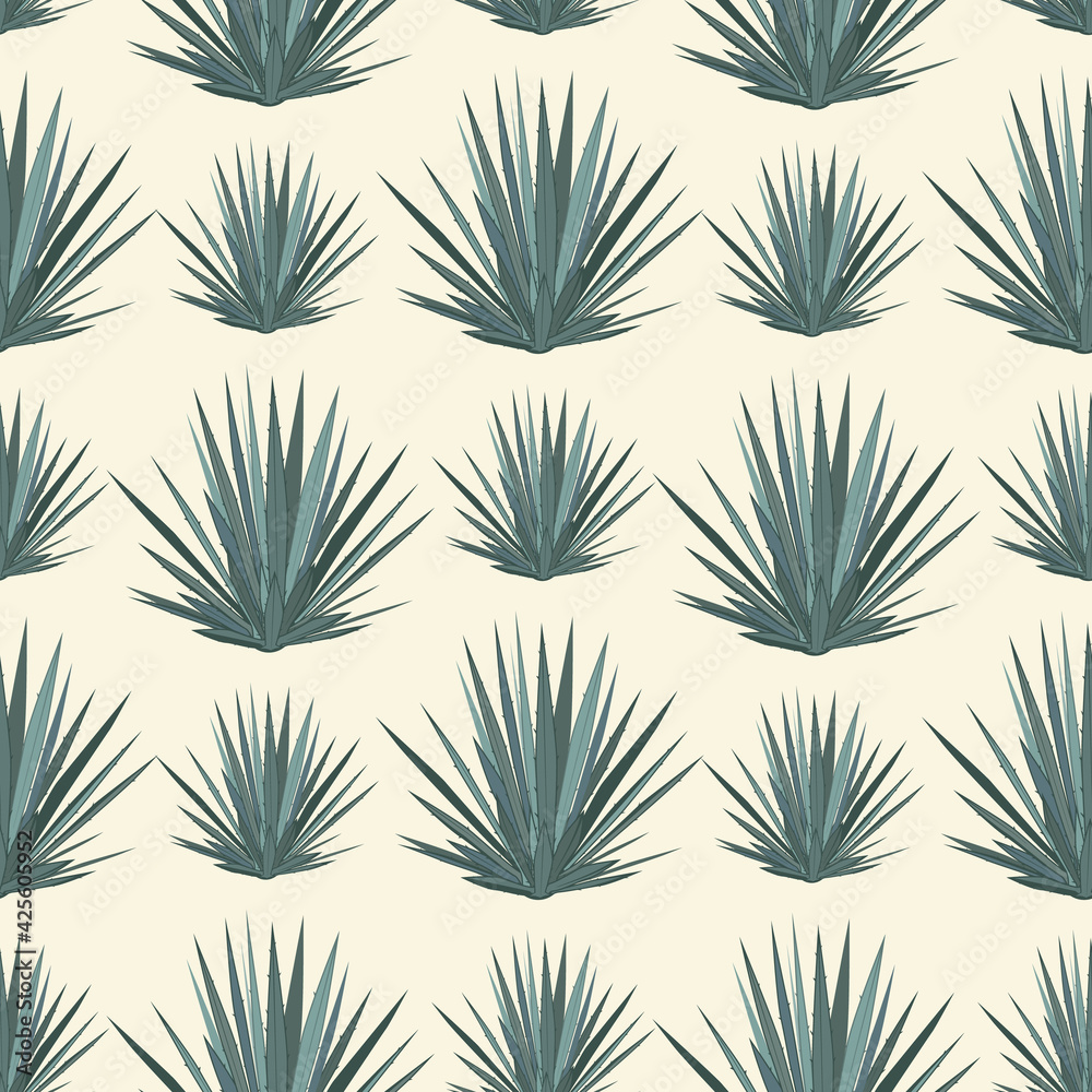 Vector seamless pattern with blue agave. Tequila agave succulent plant background, wallpaper - obrazy, fototapety, plakaty 