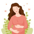 © Jane - Happy pregnant woman hugs her belly. Girl on a background of leaves and hearts.