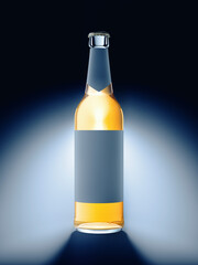 Leinwandbilder - Computer graphics image of beer bottle with label for your text. Glass container with yellow liquid inside illuminated from behind.