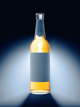 Computer graphics image of beer bottle with label for your text. Glass container with yellow liquid inside illuminated from behind.