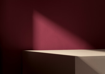 Wall Mural - Illuminated square display podium for your product. Burgundy red wall in background.
