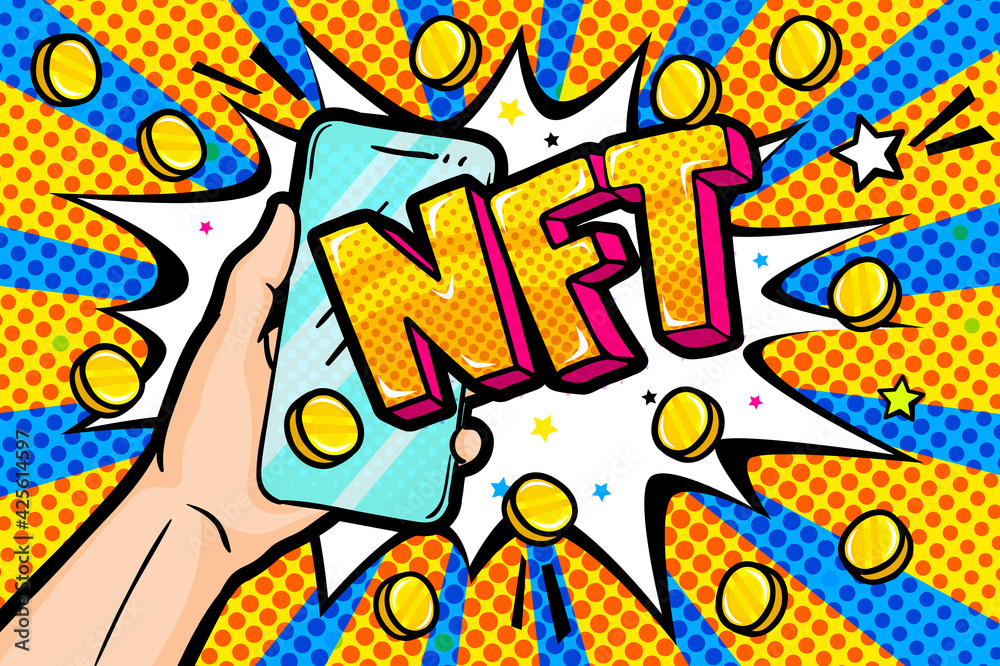 Concept of non fungible token. Hand holding a phone with Text NFT. Pay for unique collectibles in games or art. - obrazy, fototapety, plakaty 