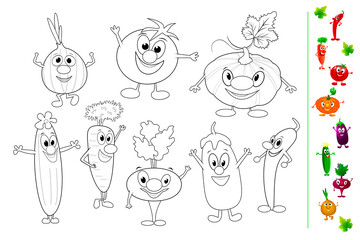 Funny vegetables coloring book. Set of various funny cartoon vegetables for coloring. Creative leisure for young children