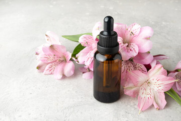 Wall Mural - Cosmetics SPA branding mock-up. White cosmetic bottle containers with with pink exotic flowers on gray background. Natural organic beauty product concept, Minimalism style