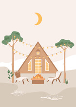Countryside Triangle House With Lounge Wooden Chairs, Fireplace On Court Or Back Yard. Light Bulbs On The Trees. Street Decoration. Suburban Scene, Vacation, Weekend Concept. Landscape Illustration