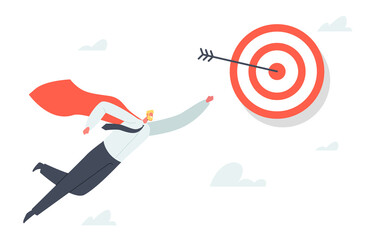 Wall Mural - superhero businessman character in red cloak, super employee with raising arm flying up to aim. busi