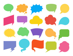 Colorful speech bubbles flat icon set. Empty design elements for comic book, text message, chat comment, idea thought, discussion. Speak balloon shapes, talk clouds, cartoon think banner, note label