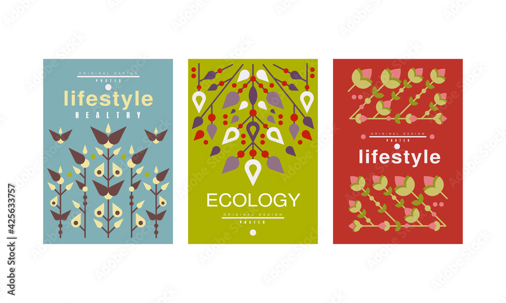 Healthy Lifestyle Card Templates Set, Ecology, Environmental Protection Banners with Floral Design Vector Illustration - obrazy, fototapety, plakaty 