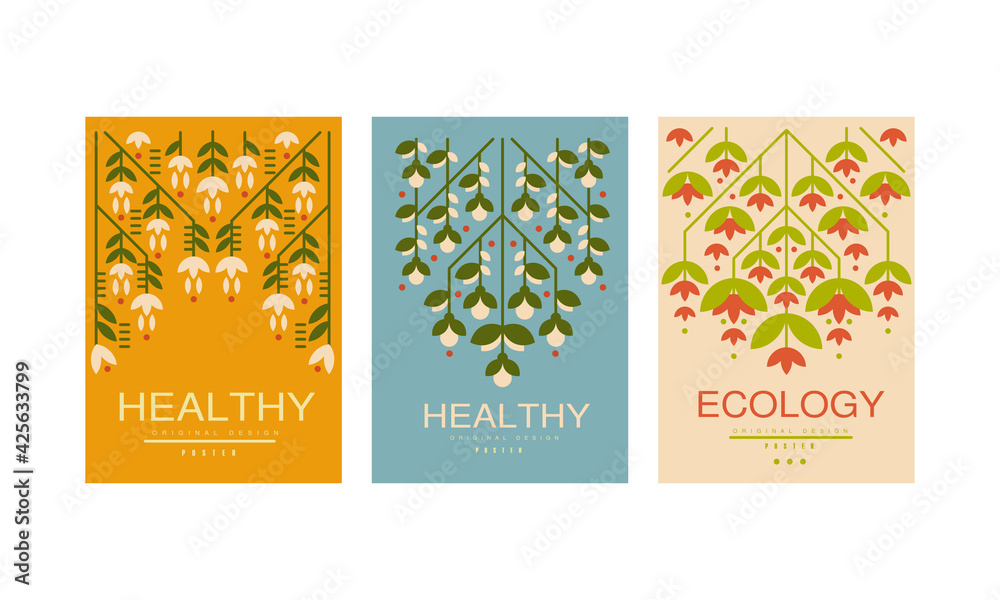 Healthy Ecology Card Templates Original Design Set, Environmental Protection, Healthy Lifestyle Banners Vector Illustration - obrazy, fototapety, plakaty 
