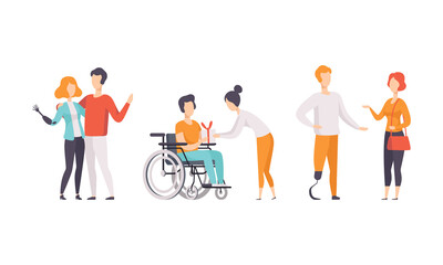 Sticker - Happy Disabled People Having Good Time with their Friends Set, Support, Accessibility, Active Lifestyle Concept Flat Vector Illustration