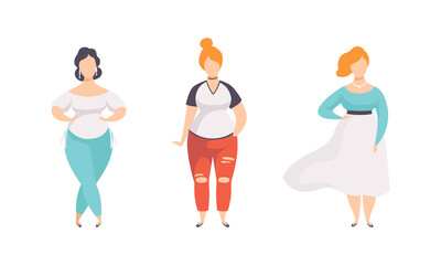 Poster - Beautiful Stylish Plump Women Set, Plus Size Overweight Girls in Fashion Clothes Flat Vector Illustration