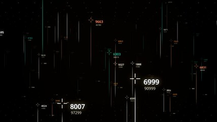 Poster - Lines with numbers in cyberspace. Animation. Abstract multi-colored lines move with changing numbers. Abstract lines of comets moving in cyberspace on black background