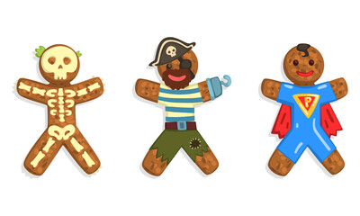 Wall Mural - Gingerbread Man Characters Set, Traditional Sweet Xmas Ginger Biscuits Dressed Skeleton, Pirate, Superhero Costumes Cartoon Vector Illustration