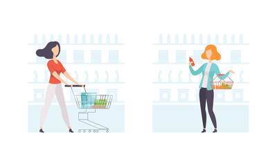 Sticker - Women Shopping in Supermarket Set, People Buying Products in Grocery Store Flat Vector Illustration