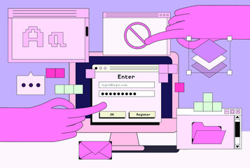 Leinwandbilder - Computer screen with programs and applications. Conceptual flat vector illustration of UI and UX design and programming.
