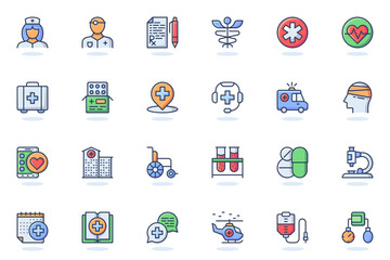Poster - Medical services web flat line icon. Bundle outline pictogram of doctor, nurse, prescription, pharmacy, medicine, ambulance, treatment concept. Vector illustration of icons pack for website design