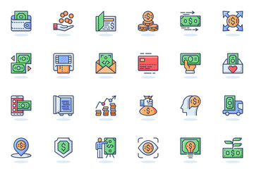 Leinwandbilder - Money web flat line icon. Bundle outline pictogram of wallet, cash, savings, coins, transfer, currency exchange, ATM, credit card, banking concept. Vector illustration of icons pack for website design